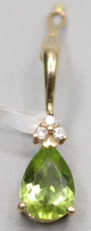 14K Yellow Gold Pear Shaped Green Stone W/ 3 Diamonds Charm 1.9 Grams