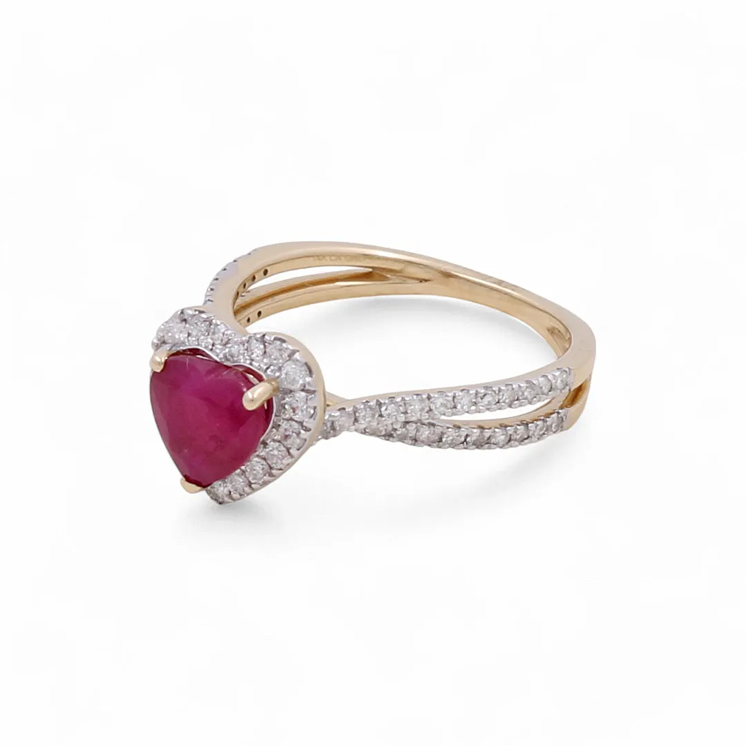 14K Yellow Gold Woman Ring with Diamonds and Heart Ruby