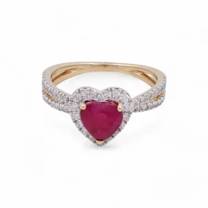 14K Yellow Gold Woman Ring with Diamonds and Heart Ruby