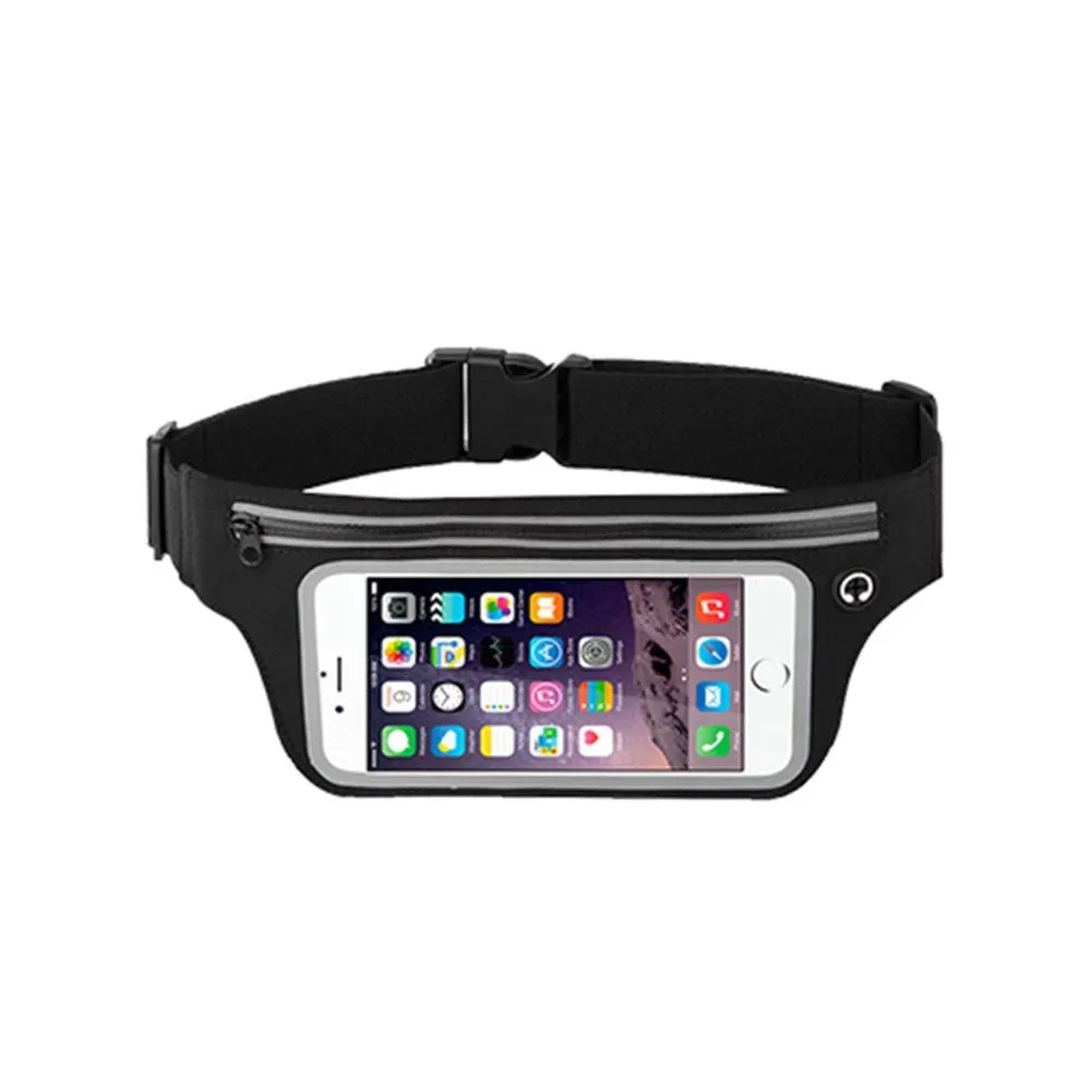 (15.5x8cm) Universal fitness sports belt fanny pack with touch function   additional pocket up to 6.5" - Black