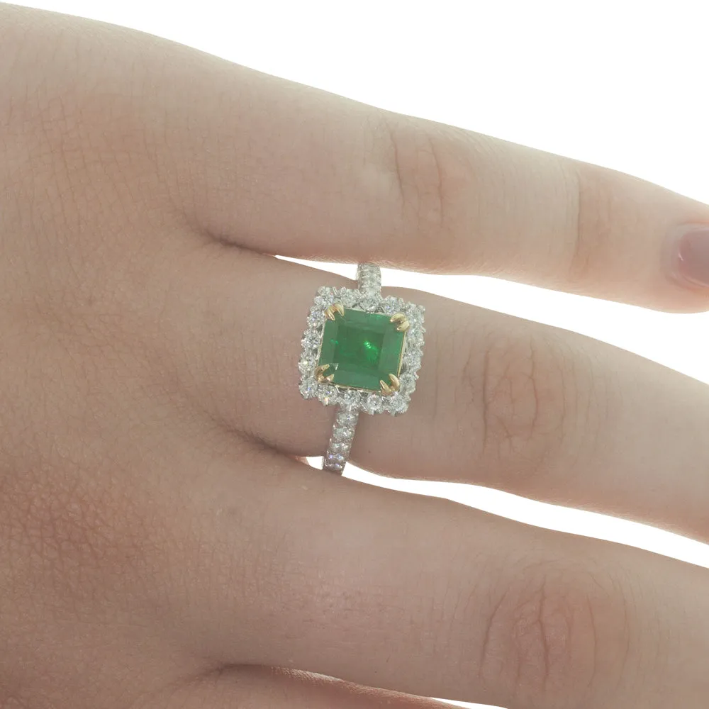 18ct White Gold Emerald & Diamond Halo Ring