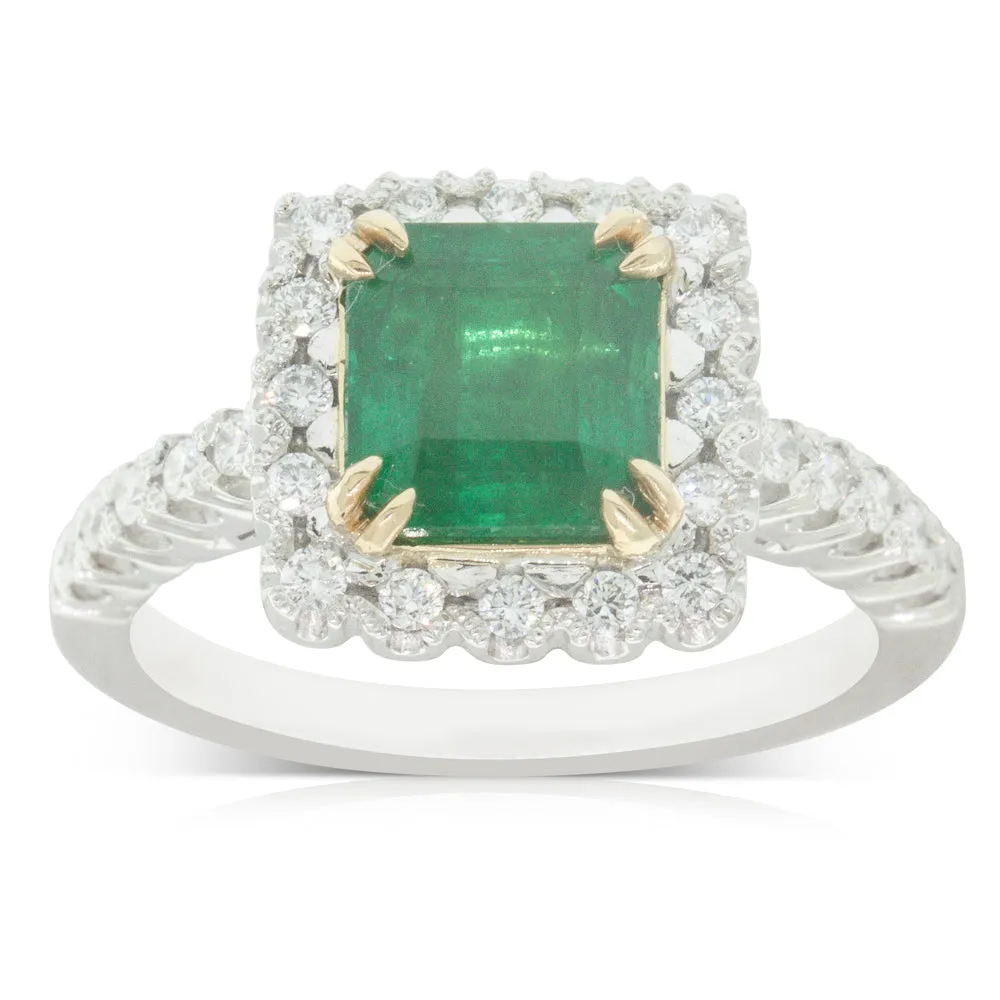 18ct White Gold Emerald & Diamond Halo Ring