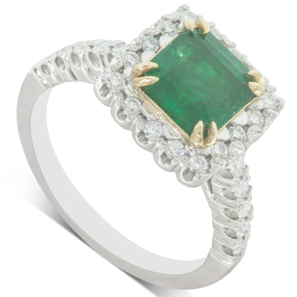 18ct White Gold Emerald & Diamond Halo Ring