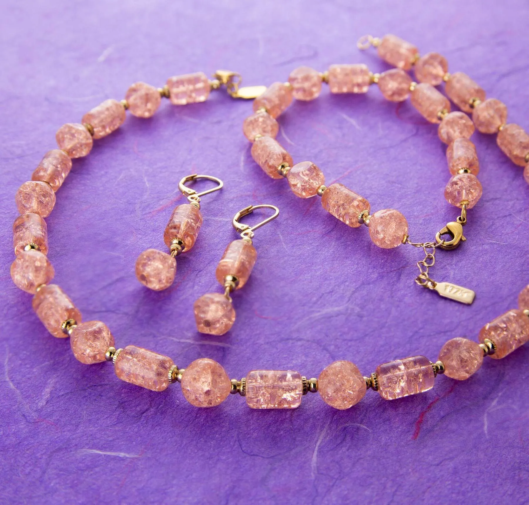 1928 Jewelry Beaded Peach Cracked Glass Necklace 16"