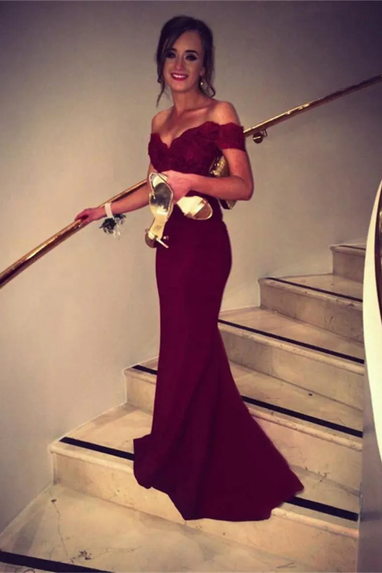 2024 Off The Shoulder Prom Dresses Spandex Burgundy/Maroon Sweep Train With Applique