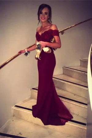 2024 Off The Shoulder Prom Dresses Spandex Burgundy/Maroon Sweep Train With Applique