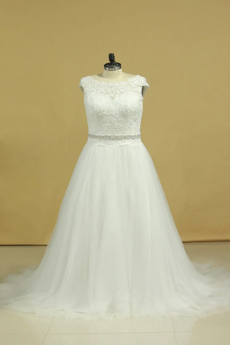 2024 Plus Size Wedding Dresses A-Line Bateau Court Train V-Back Tulle