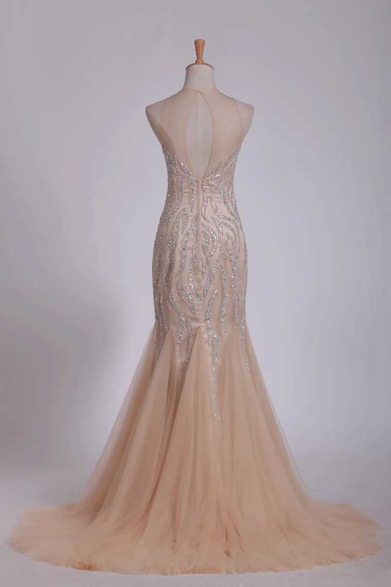 2024 Scoop Prom Dresses Mermaid/Trumpet Tulle Fully Beaded Bodice Sweep Train
