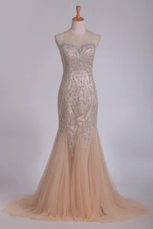 2024 Scoop Prom Dresses Mermaid/Trumpet Tulle Fully Beaded Bodice Sweep Train