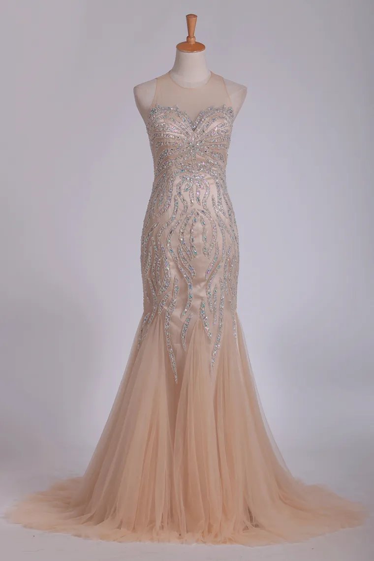 2024 Scoop Prom Dresses Mermaid/Trumpet Tulle Fully Beaded Bodice Sweep Train