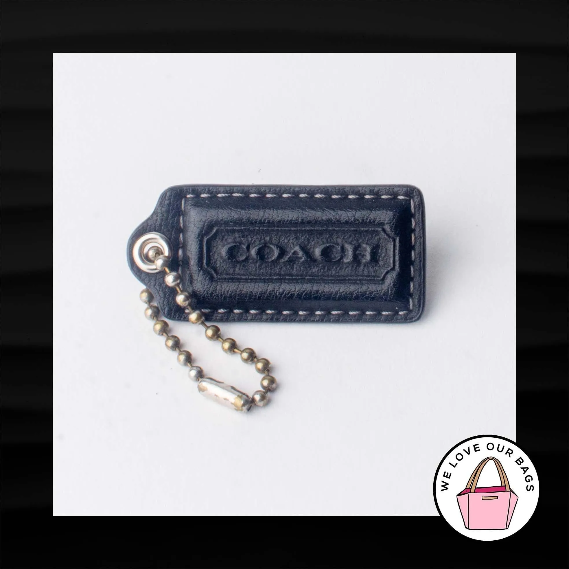 2.25" Medium COACH BLACK LEATHER NICKEL KEY FOB BAG CHARM KEYCHAIN HANGTAG TAG