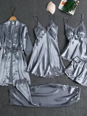 5-Piece Pajama Set: Luxurious Satin, Elegant Lace