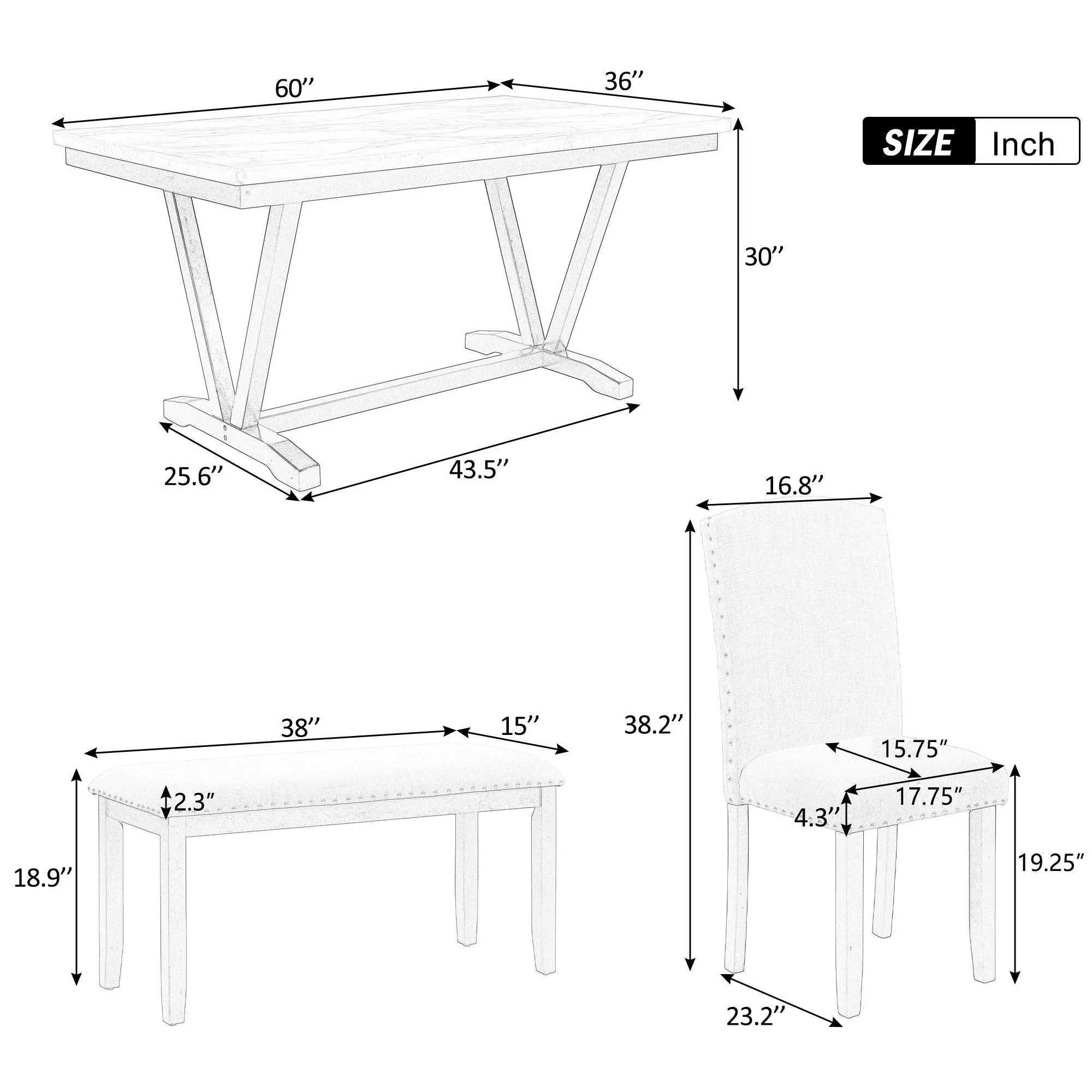6 Piece Dining Table Modern Style With 4 Chairs & 1 Bench, Table With Marbled Veneers Tabletop And V-Shaped Table Legs - White