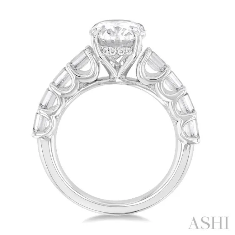 7/8 Ctw Oval Shape Emerald and Round Cut Diamond Semi Mount Engagement Ring in 14K White Gold