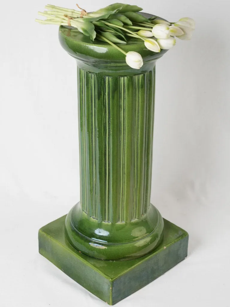 Antique French ceramic display pedestal w/ green glaze- column 30¼"