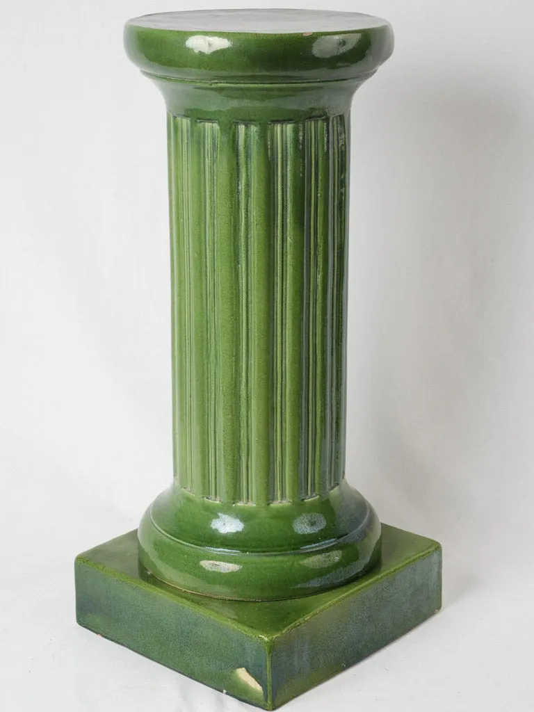 Antique French ceramic display pedestal w/ green glaze- column 30¼"
