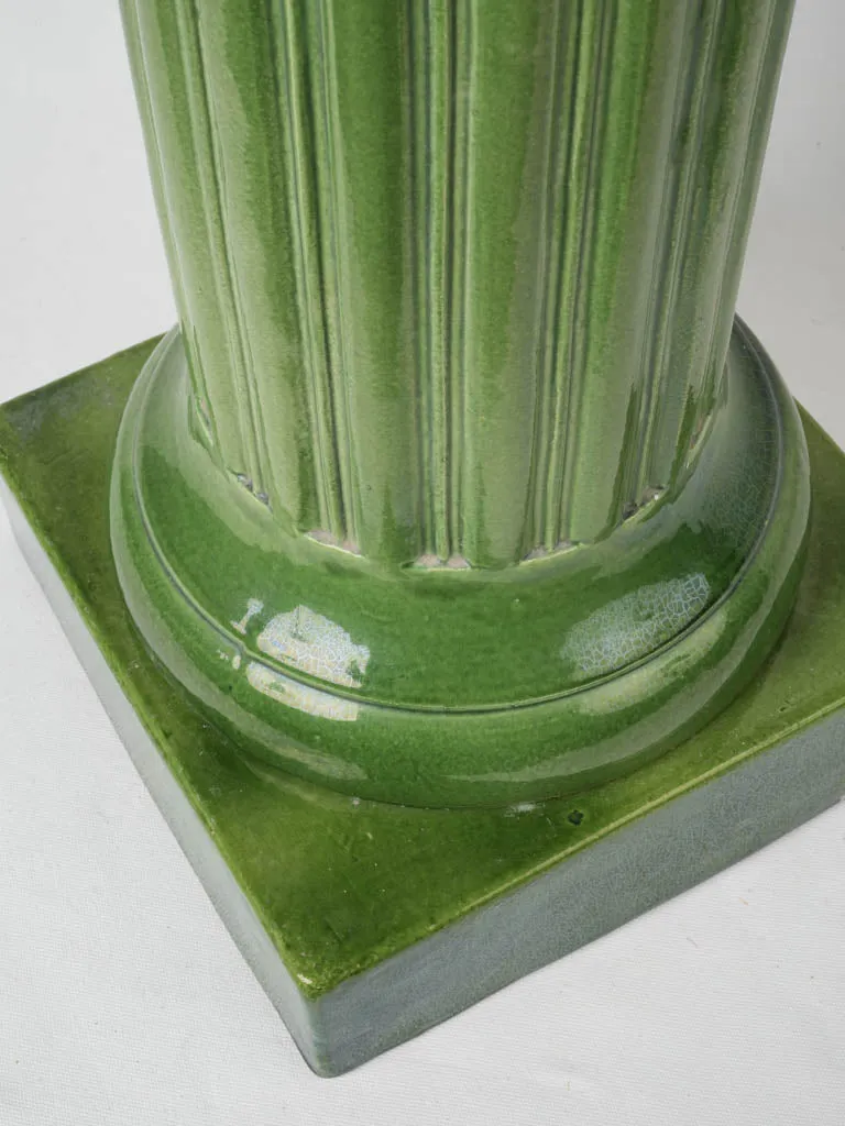 Antique French ceramic display pedestal w/ green glaze- column 30¼"