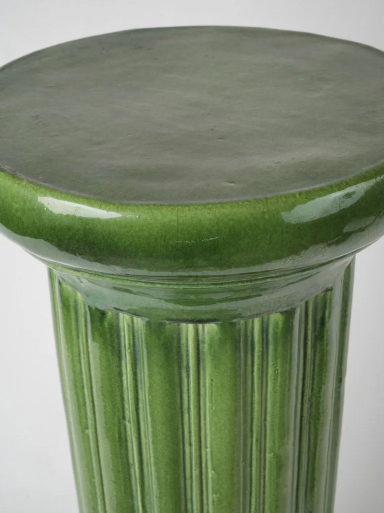 Antique French ceramic display pedestal w/ green glaze- column 30¼"