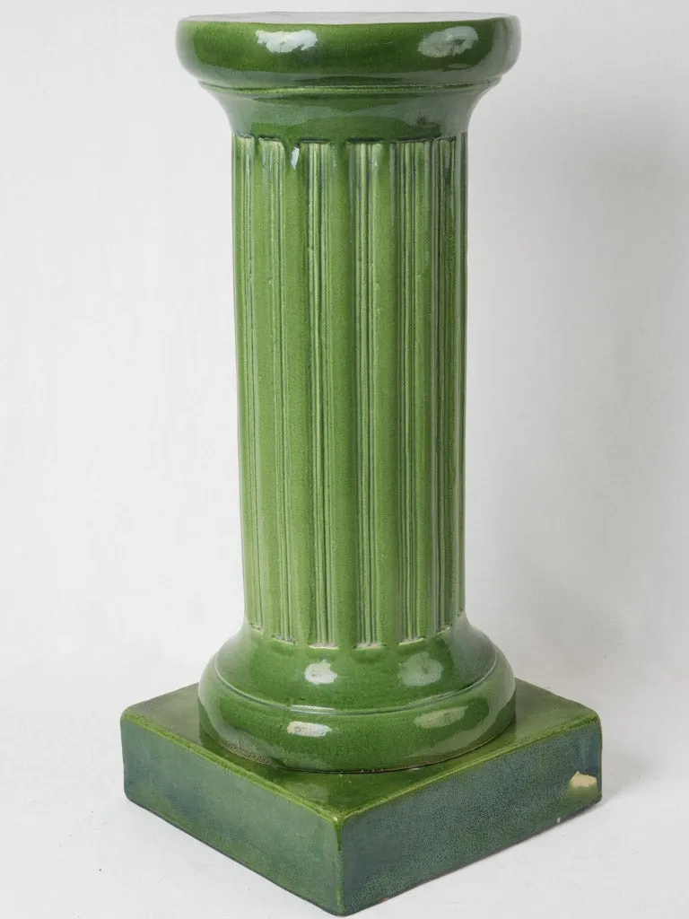 Antique French ceramic display pedestal w/ green glaze- column 30¼"