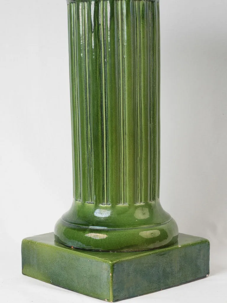 Antique French ceramic display pedestal w/ green glaze- column 30¼"