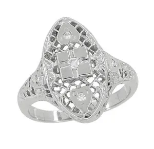 Art Deco Filigree Lozenge Shape Hearts & Diamonds Cocktail Ring in 14 Karat White Gold