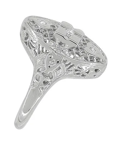 Art Deco Filigree Lozenge Shape Hearts & Diamonds Cocktail Ring in 14 Karat White Gold
