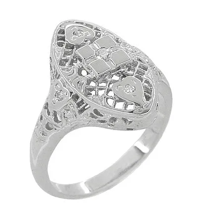 Art Deco Filigree Lozenge Shape Hearts & Diamonds Cocktail Ring in 14 Karat White Gold