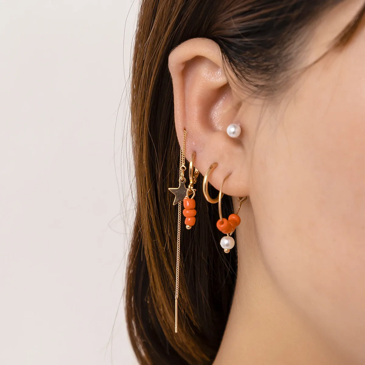 Beige Pearl Earrings and Geometric Star Shaped Earrings Set with Cross-border Jewelry