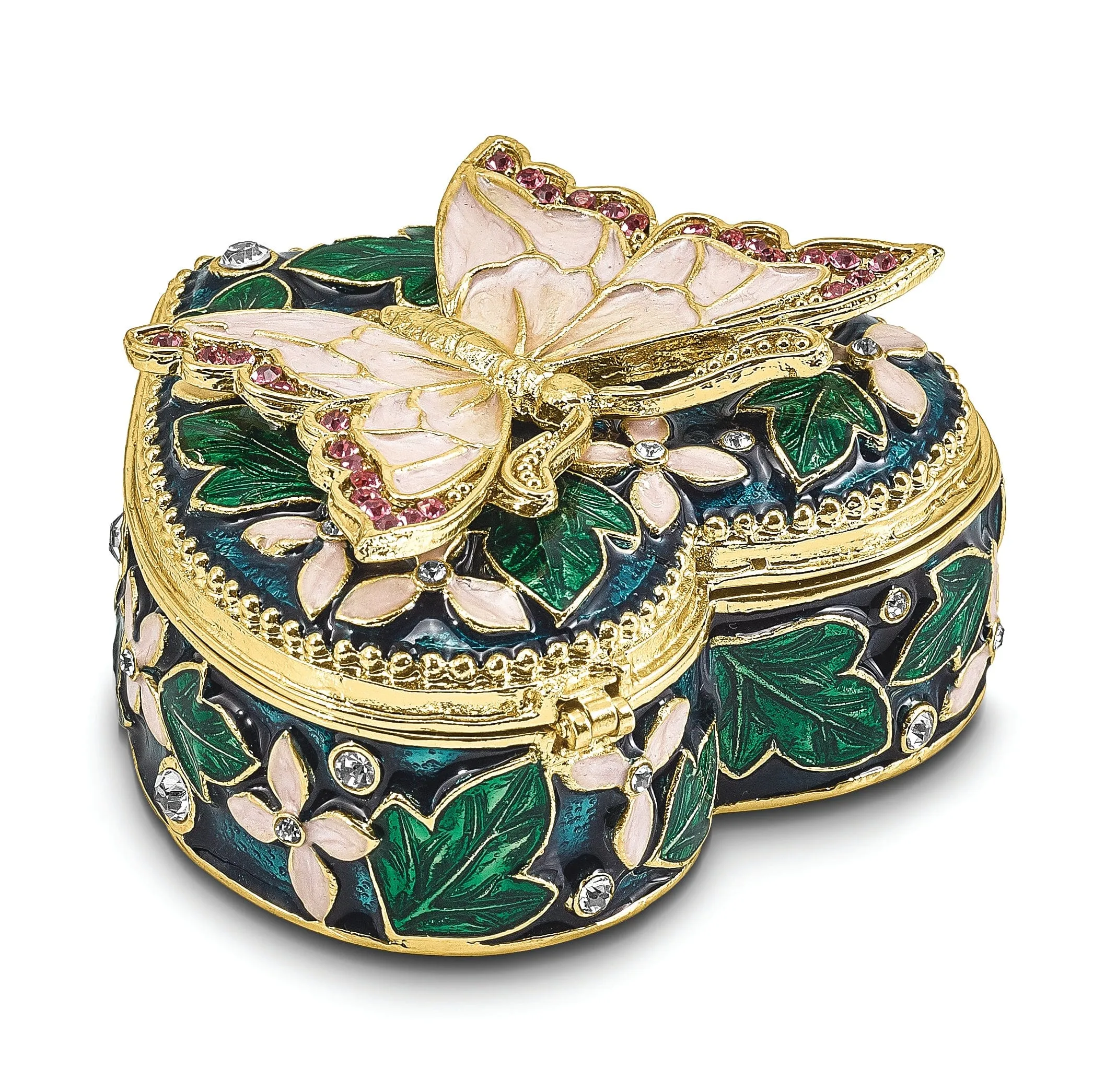 Bejeweled Pewter BLUSH Pink Butterfly on Heart Trinket Box Design