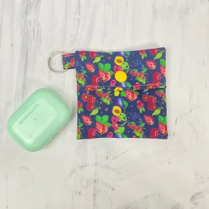 Berries Square Fabric Pouch Keychain, Headphone Holder, Ear Bud Pouch