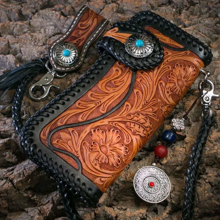 Best Floral Tooled Leather Wallet Mens Handmade Biker Wallet Biker Chain Wallet Wallet with Chain