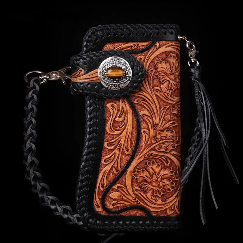 Best Floral Tooled Leather Wallet Mens Handmade Biker Wallet Biker Chain Wallet Wallet with Chain