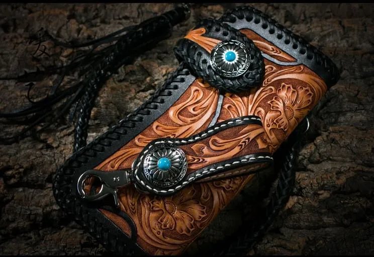 Best Floral Tooled Leather Wallet Mens Handmade Biker Wallet Biker Chain Wallet Wallet with Chain