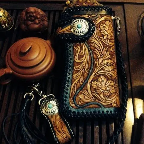 Best Floral Tooled Leather Wallet Mens Handmade Biker Wallet Biker Chain Wallet Wallet with Chain