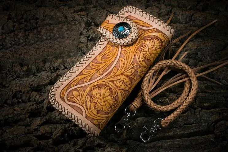 Best Floral Tooled Leather Wallet Mens Handmade Biker Wallet Biker Chain Wallet Wallet with Chain