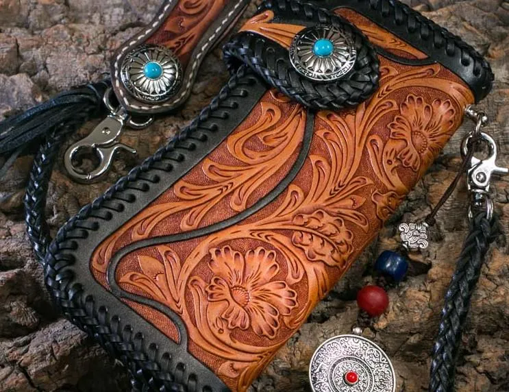 Best Floral Tooled Leather Wallet Mens Handmade Biker Wallet Biker Chain Wallet Wallet with Chain