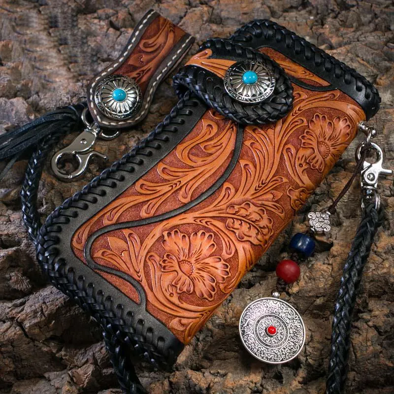 Best Floral Tooled Leather Wallet Mens Handmade Biker Wallet Biker Chain Wallet Wallet with Chain