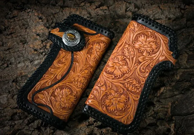 Best Floral Tooled Leather Wallet Mens Handmade Biker Wallet Biker Chain Wallet Wallet with Chain