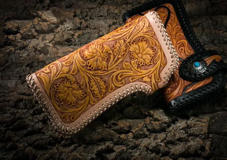 Best Floral Tooled Leather Wallet Mens Handmade Biker Wallet Biker Chain Wallet Wallet with Chain