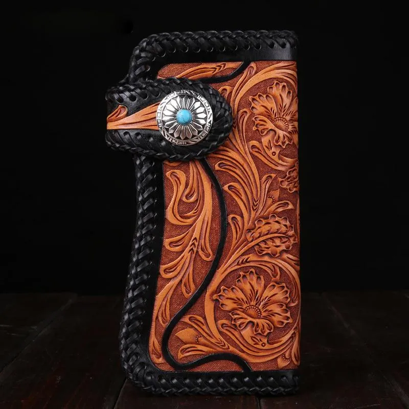 Best Floral Tooled Leather Wallet Mens Handmade Biker Wallet Biker Chain Wallet Wallet with Chain