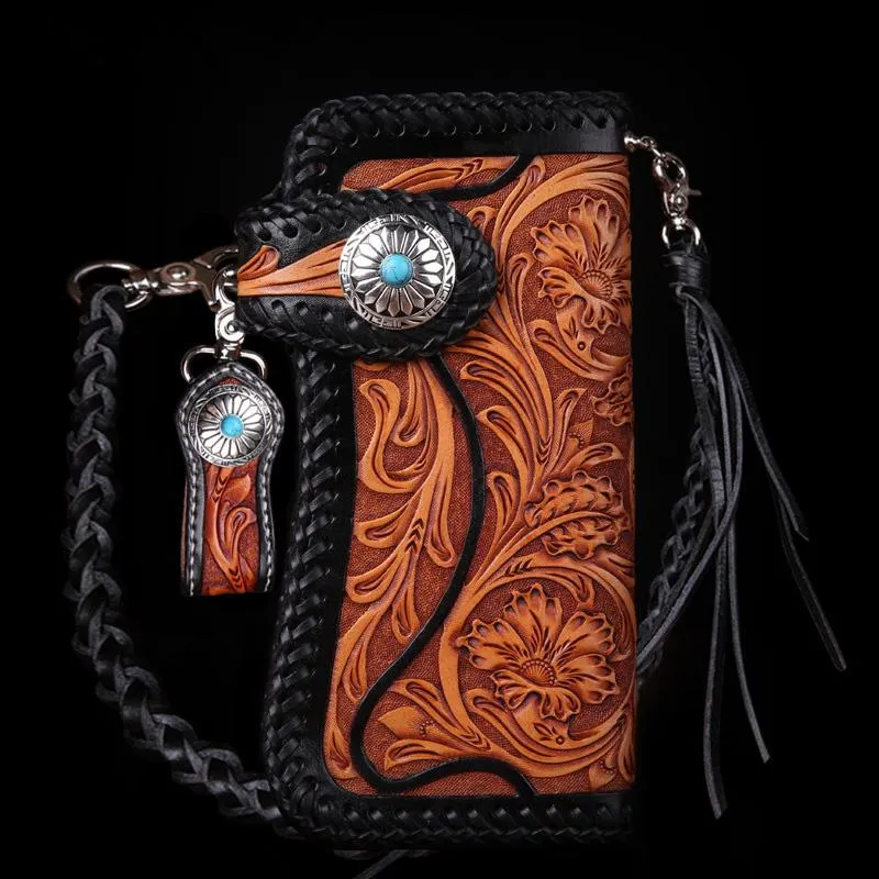 Best Floral Tooled Leather Wallet Mens Handmade Biker Wallet Biker Chain Wallet Wallet with Chain