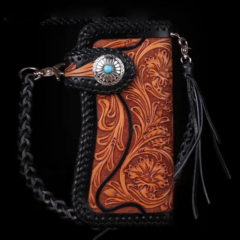 Best Floral Tooled Leather Wallet Mens Handmade Biker Wallet Biker Chain Wallet Wallet with Chain