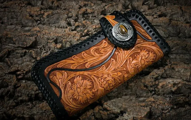 Best Floral Tooled Leather Wallet Mens Handmade Biker Wallet Biker Chain Wallet Wallet with Chain