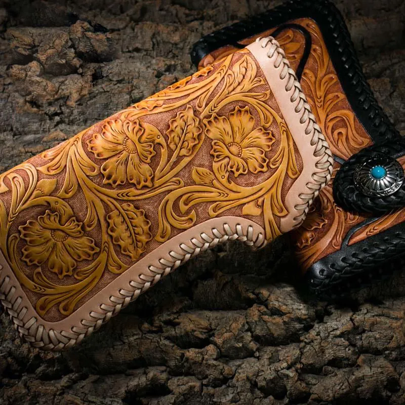 Best Floral Tooled Leather Wallet Mens Handmade Biker Wallet Biker Chain Wallet Wallet with Chain