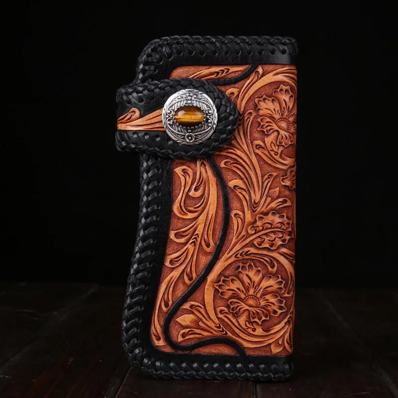 Best Floral Tooled Leather Wallet Mens Handmade Biker Wallet Biker Chain Wallet Wallet with Chain