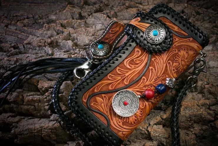 Best Floral Tooled Leather Wallet Mens Handmade Biker Wallet Biker Chain Wallet Wallet with Chain