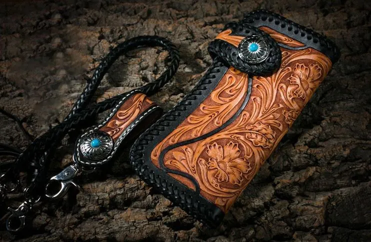 Best Floral Tooled Leather Wallet Mens Handmade Biker Wallet Biker Chain Wallet Wallet with Chain