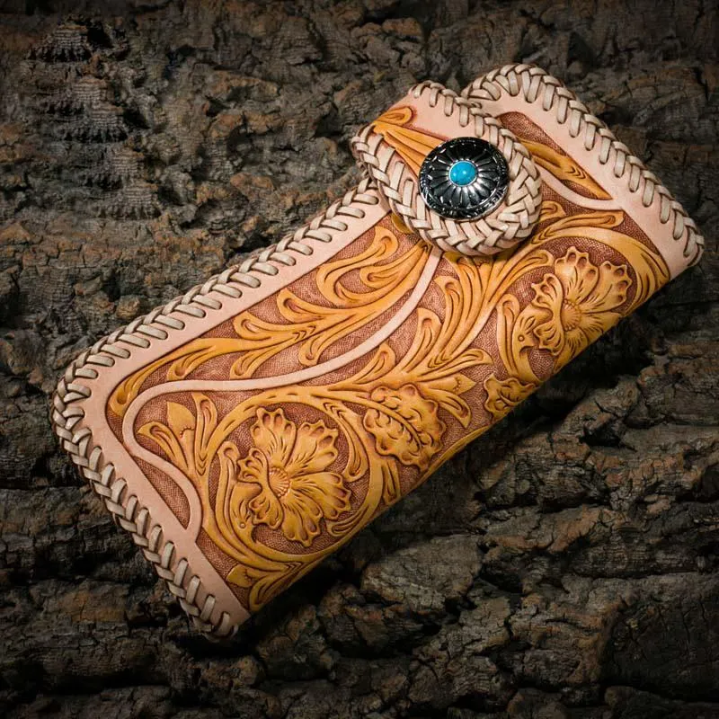 Best Floral Tooled Leather Wallet Mens Handmade Biker Wallet Biker Chain Wallet Wallet with Chain