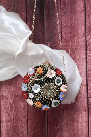 Black Color Designer Handbag with Embroidery Work with Stone Work on Handle