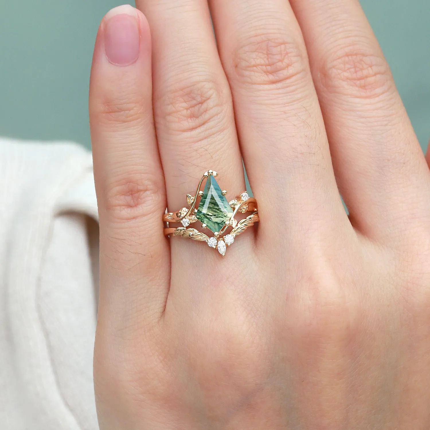 Black Gold Moss Agate Kite Cut Vine Engagement Ring Set 2pcs - Twigs